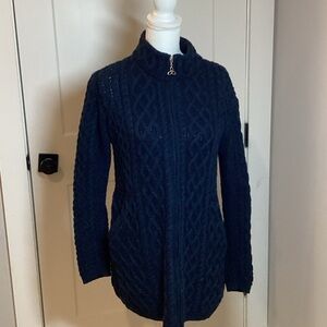 Irish Navy Blue and turquoise long cable knit wool full zip up Cardigan